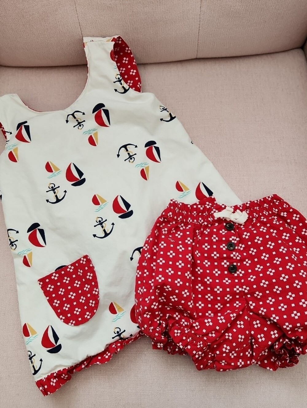 Hanna Andersson White Nautical Sailboat Set Outfit 90 3t W/ Red Floral Bloomers